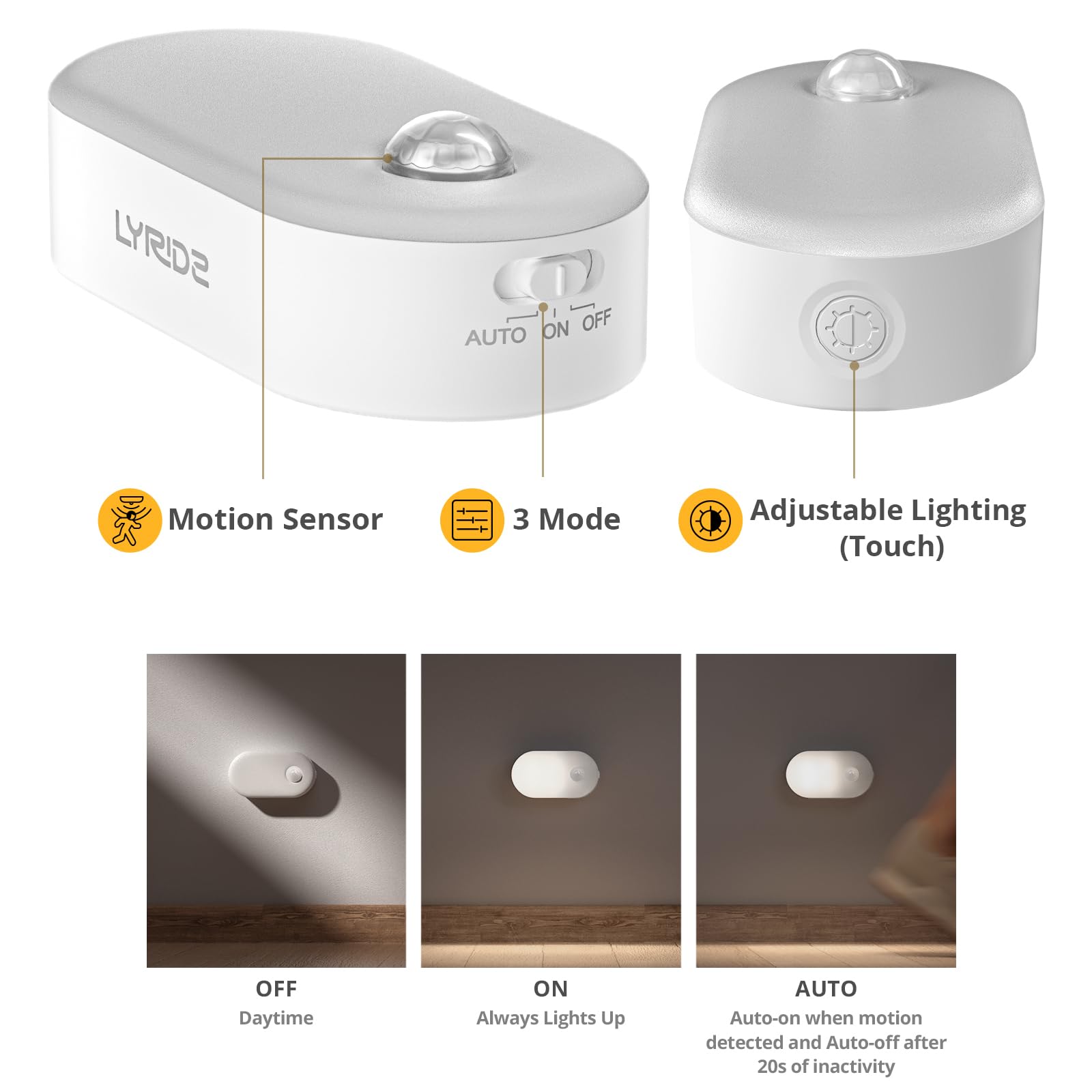 Motion sensor night light, rechargeable, dusk-to-dawn 2-pack