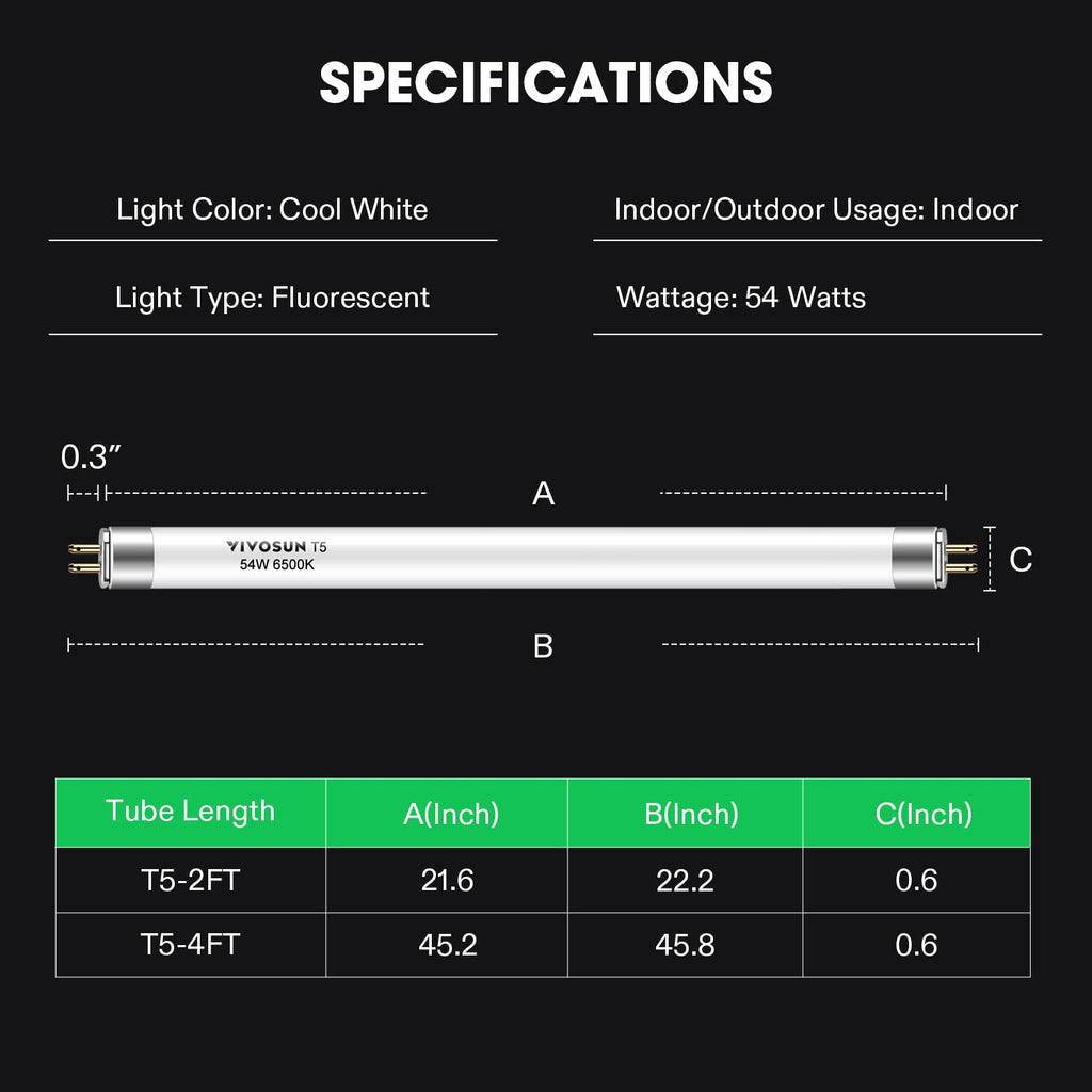 5-Pack T5 Grow Light Bulbs 4FT – 54W 6500K Cool White Fluorescent Tubes for Indoor Plants & Hydroponics