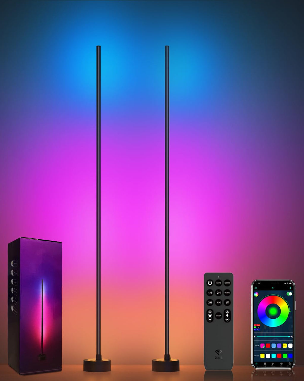 Smart RGB corner floor lamp with app and remote control, 2-pack