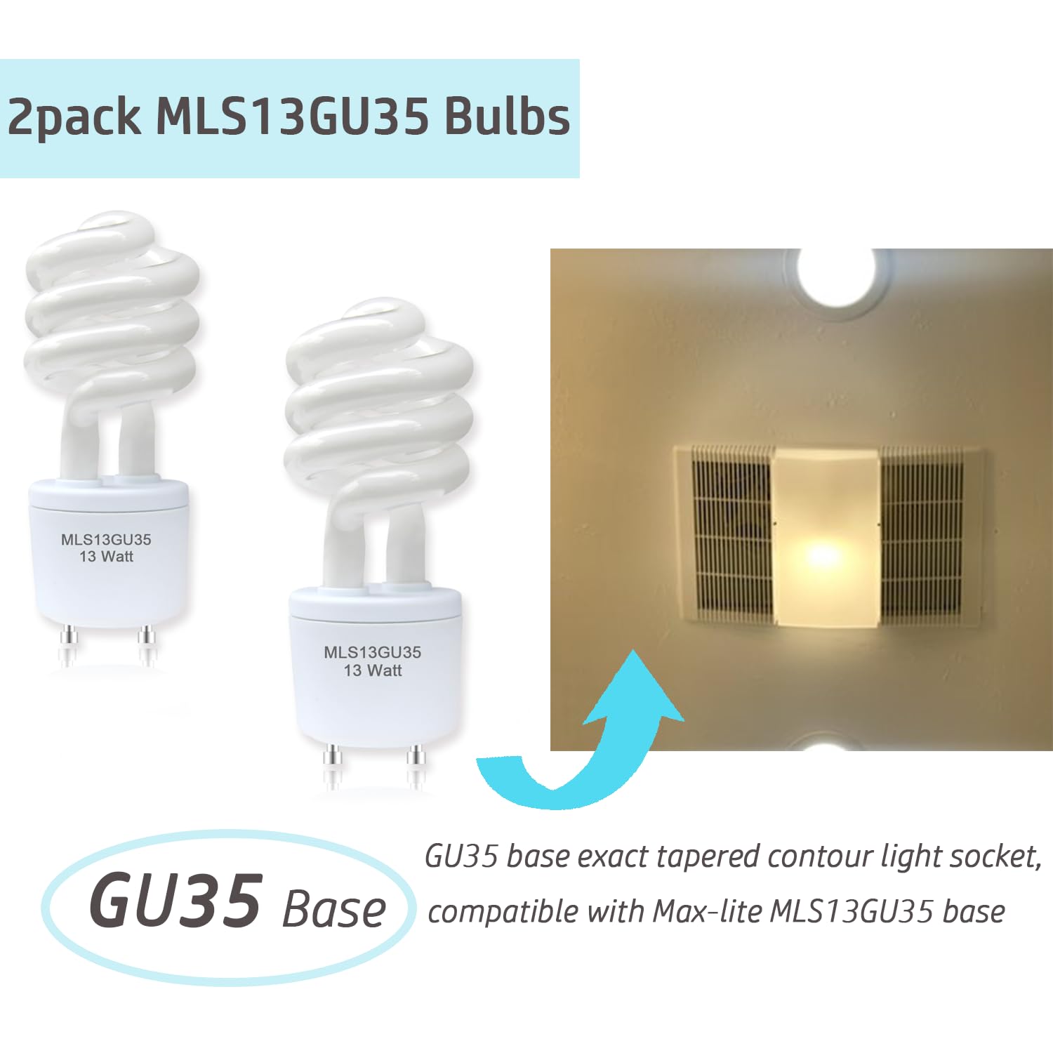2-Pack 13W MLS13 Spiral CFL Bulbs – GU35 Base, 3500K Soft White for Panasonic VQL5 Bathroom Vent Fan