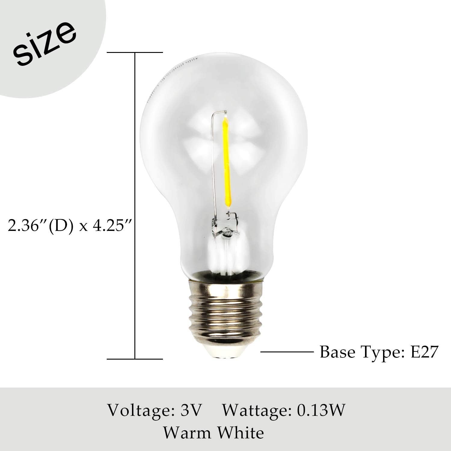 MJ PREMIER E27 LED Bulb 3V Battery Operated – 0.13W, Warm White, Glass, 60x108mm for Special Table Lamps & Custom Lighting