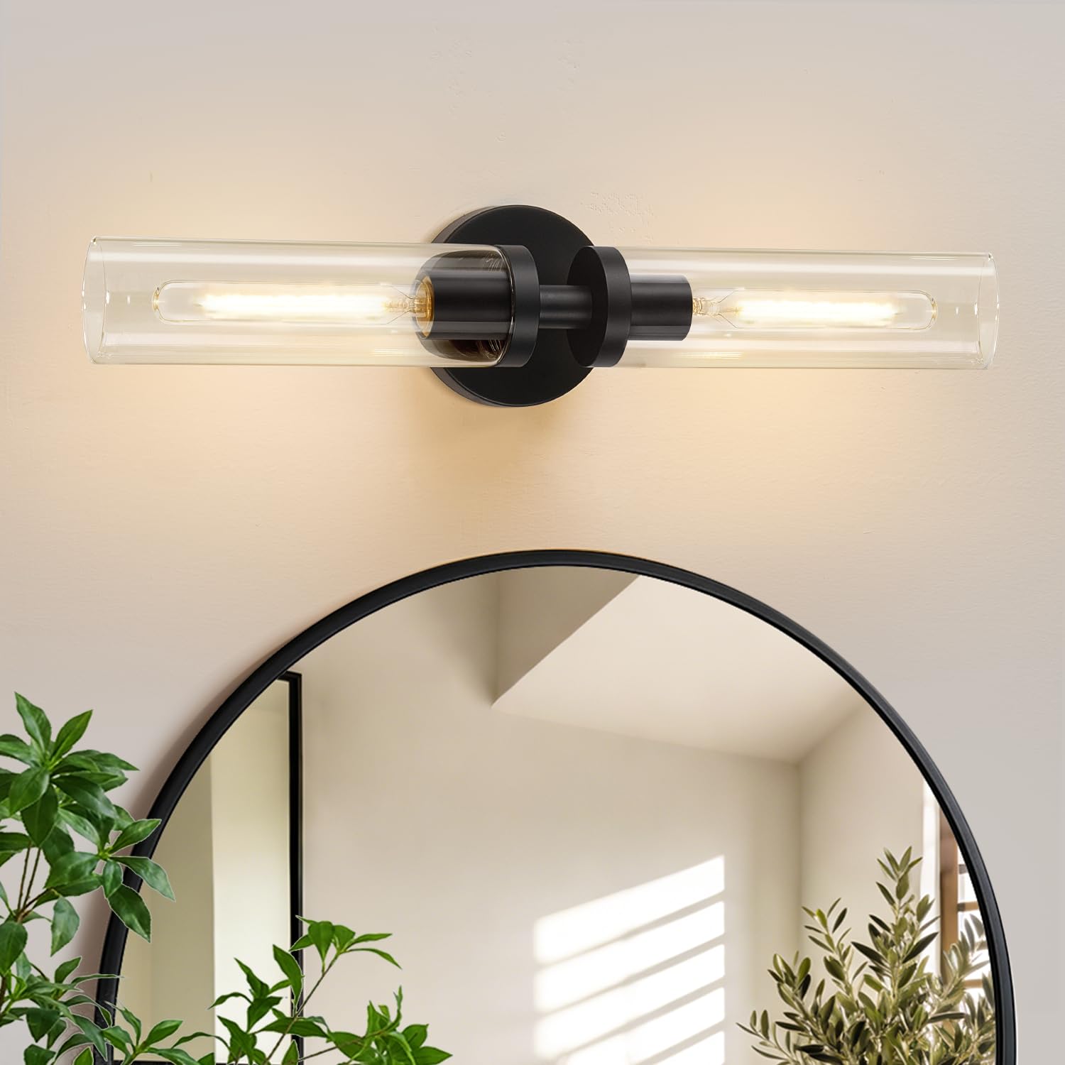 Matte black hardwired wall sconces with clear glass for decor
