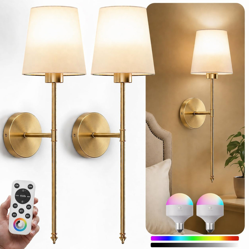 Gold Fabric Shade Wall Sconce Duo, Rechargeable with Remote for Decor