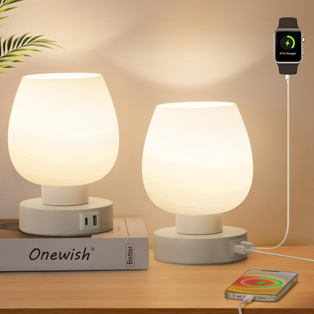 Touch control bedside table lamp set of 2 with USB-C charging port