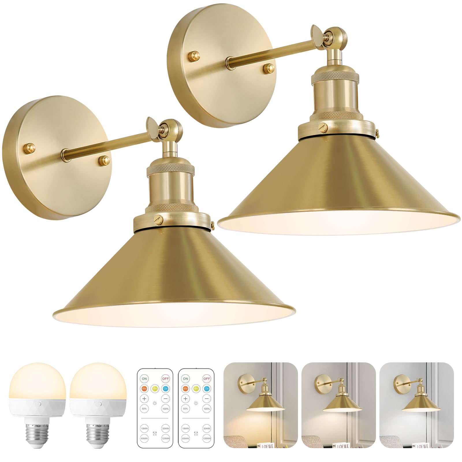 Gold vintage wireless wall sconces, set of 2, farmhouse decor