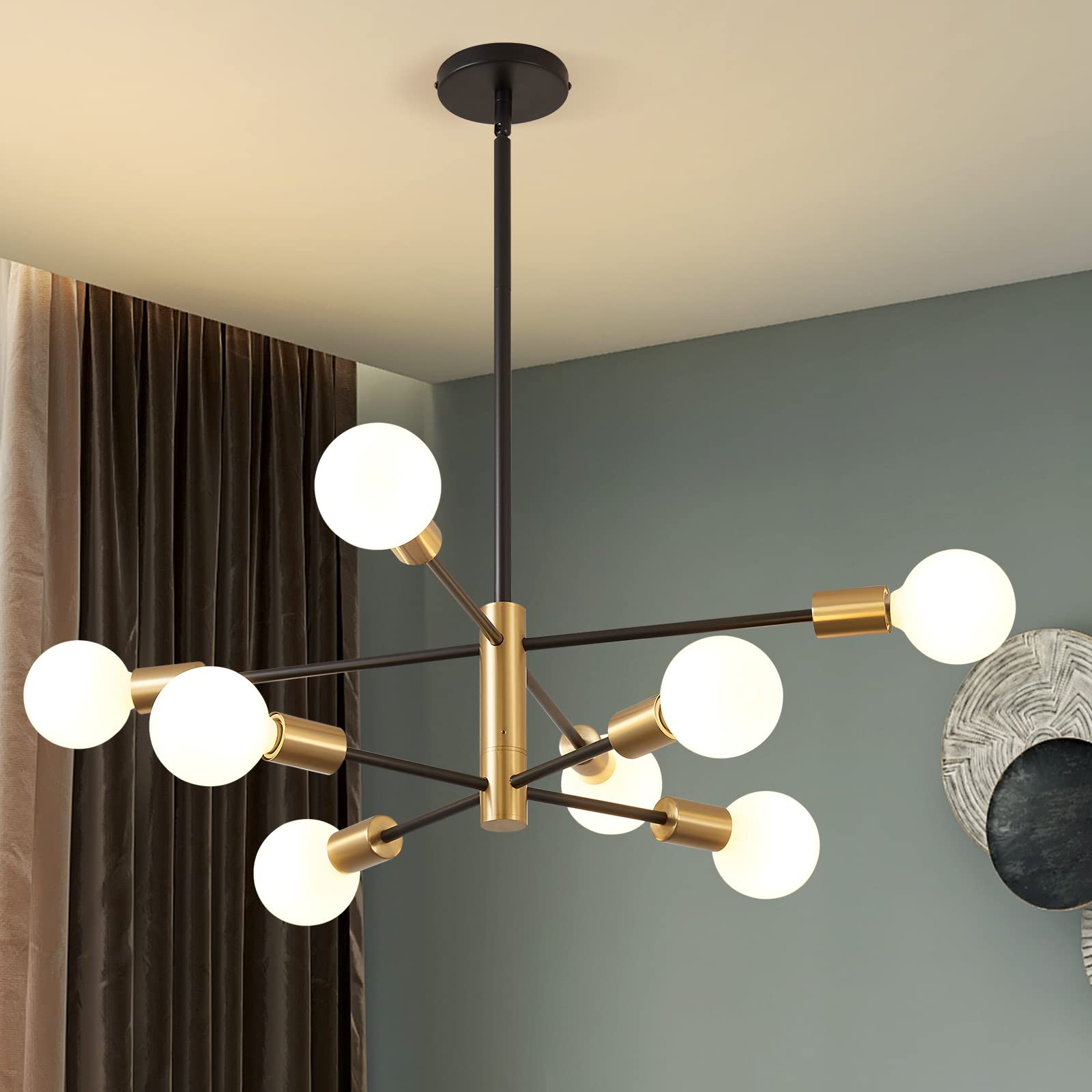 8-light Sputnik chandelier, height-adjustable black & gold ceiling decor