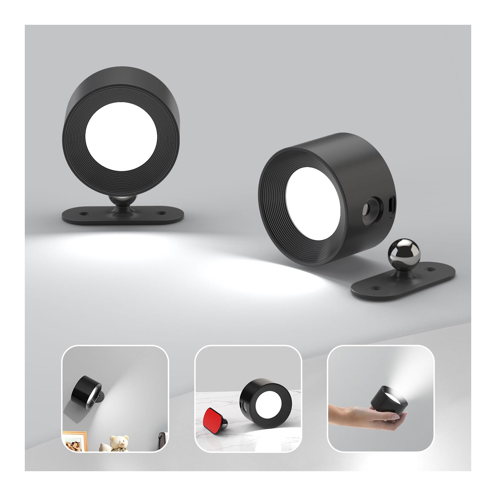 Set of 2 rechargeable LED wall sconces with 360-degree rotation for home decor