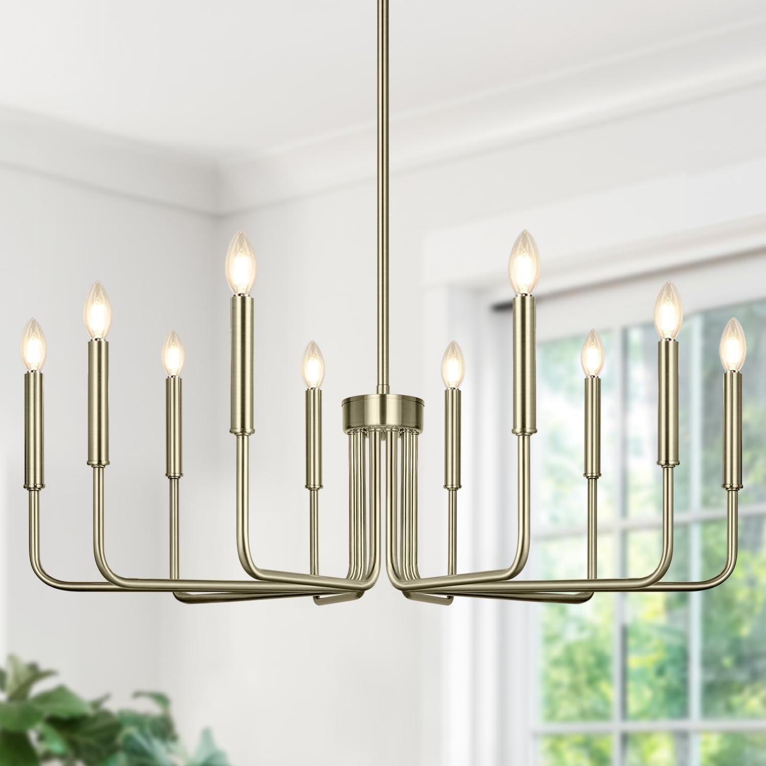 Brass 10-Light Farmhouse Candle Chandelier for Dining Room Decor