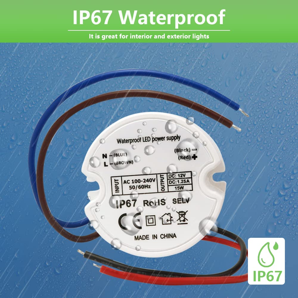 15W 12V LED Power Supply Driver – IP67 Waterproof, Constant Voltage, 120VAC to 12VDC for Strip Lights & MR11 MR16 Bulbs
