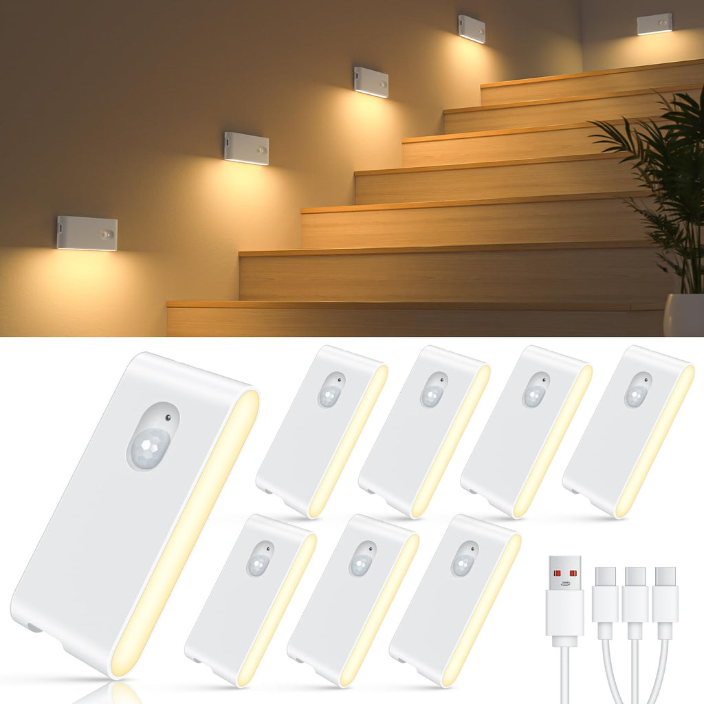 Wireless motion sensor night light 8-pack, rechargeable warm white stair lights