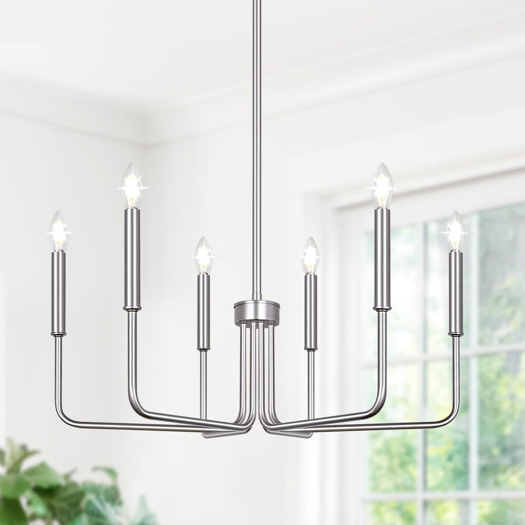 6-light brushed nickel farmhouse chandelier for dining room and hall decor