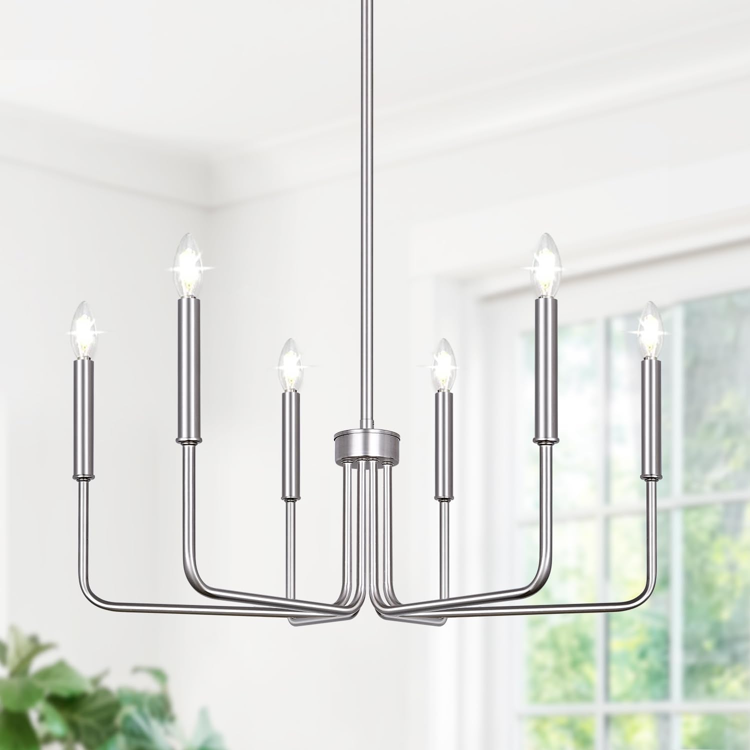 6-light brushed nickel farmhouse chandelier for dining room and hall decor