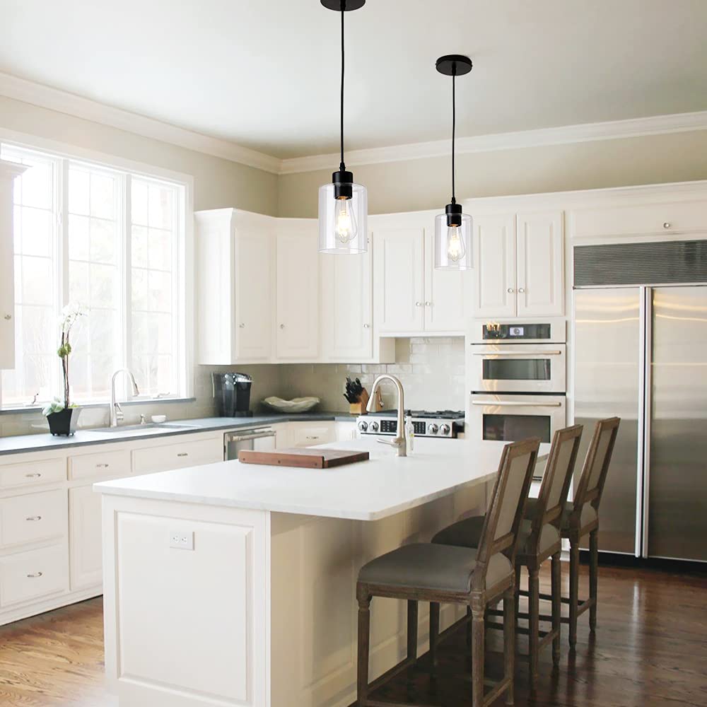 Clear glass cylinder pendant light 2-pack for kitchen island decor