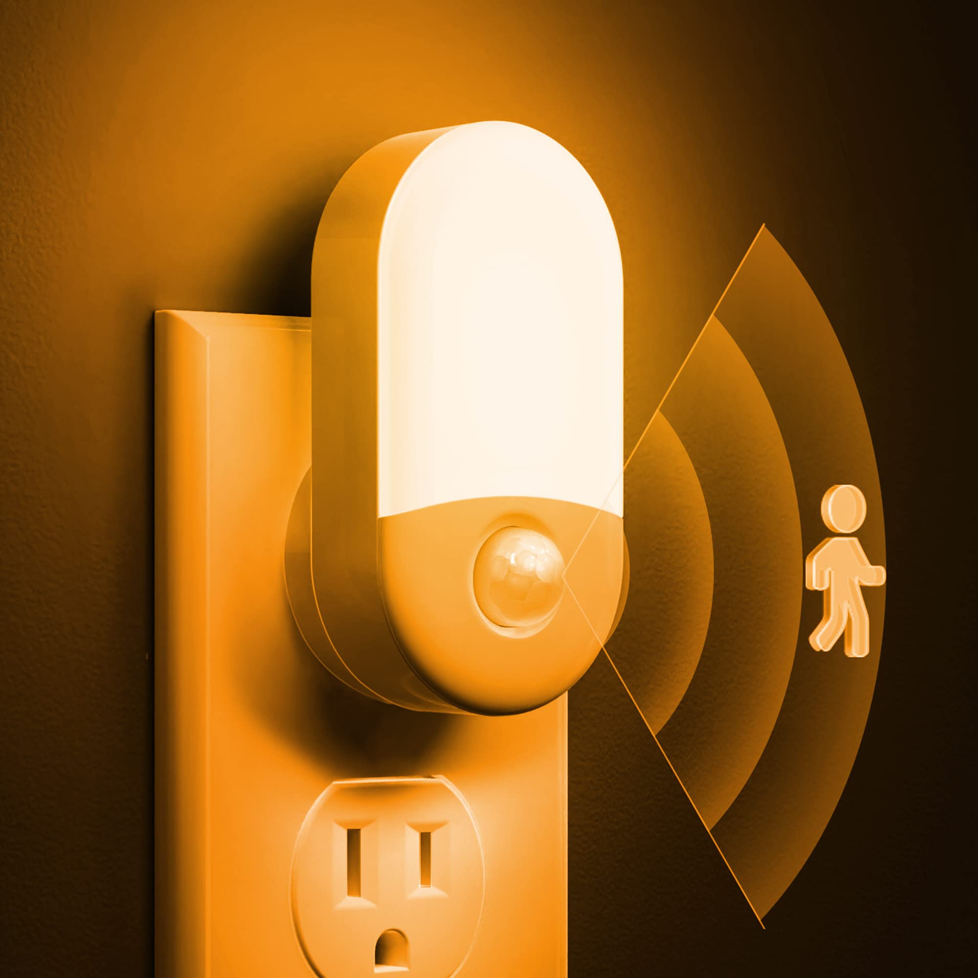 Amber LED plug-in night light with motion sensor, low-blue, 2-pack