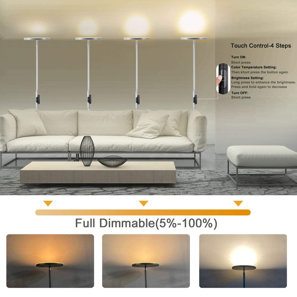 Modern torchiere floor lamp with 2400LM LED and 3 color temperatures