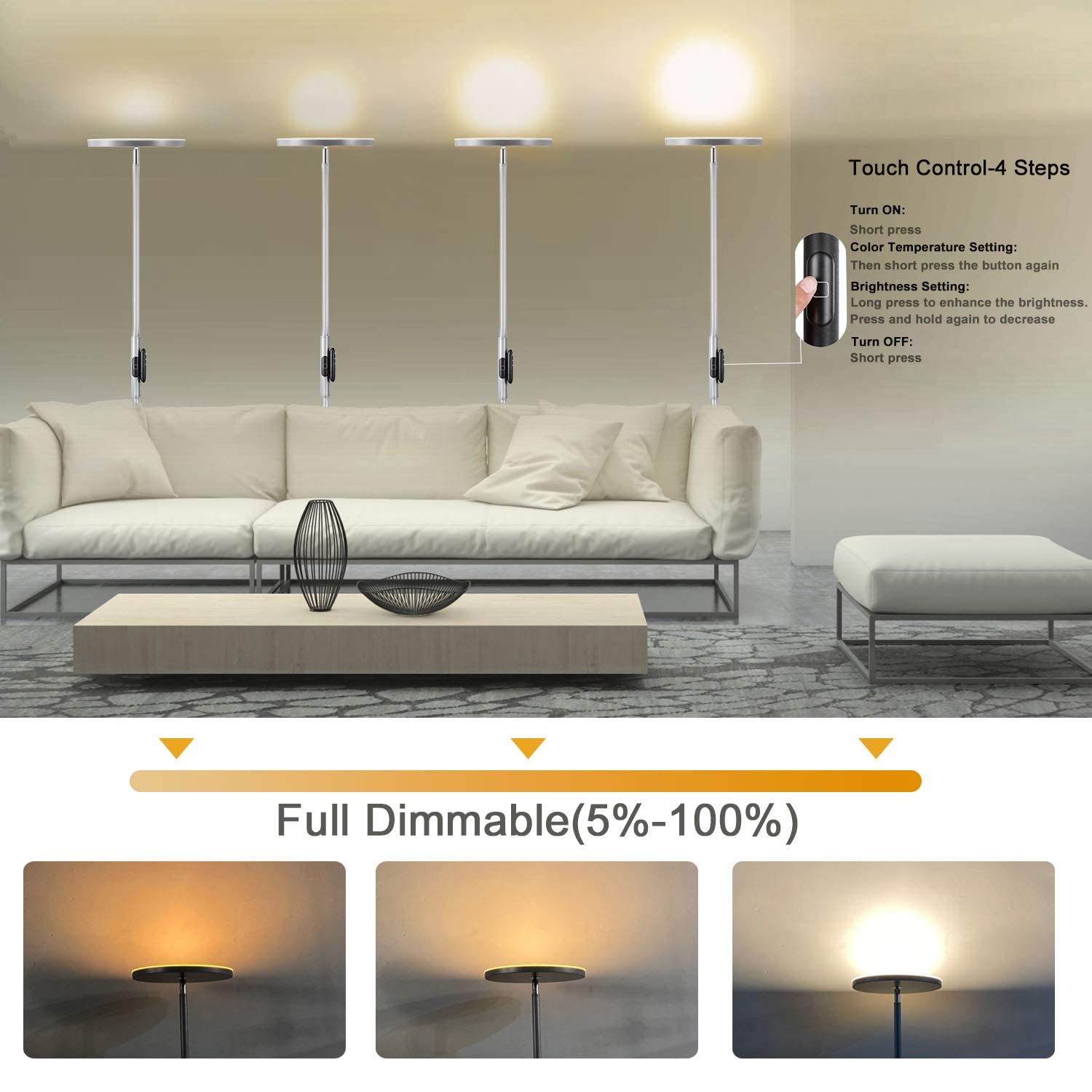 Modern torchiere floor lamp with 2400LM LED and 3 color temperatures