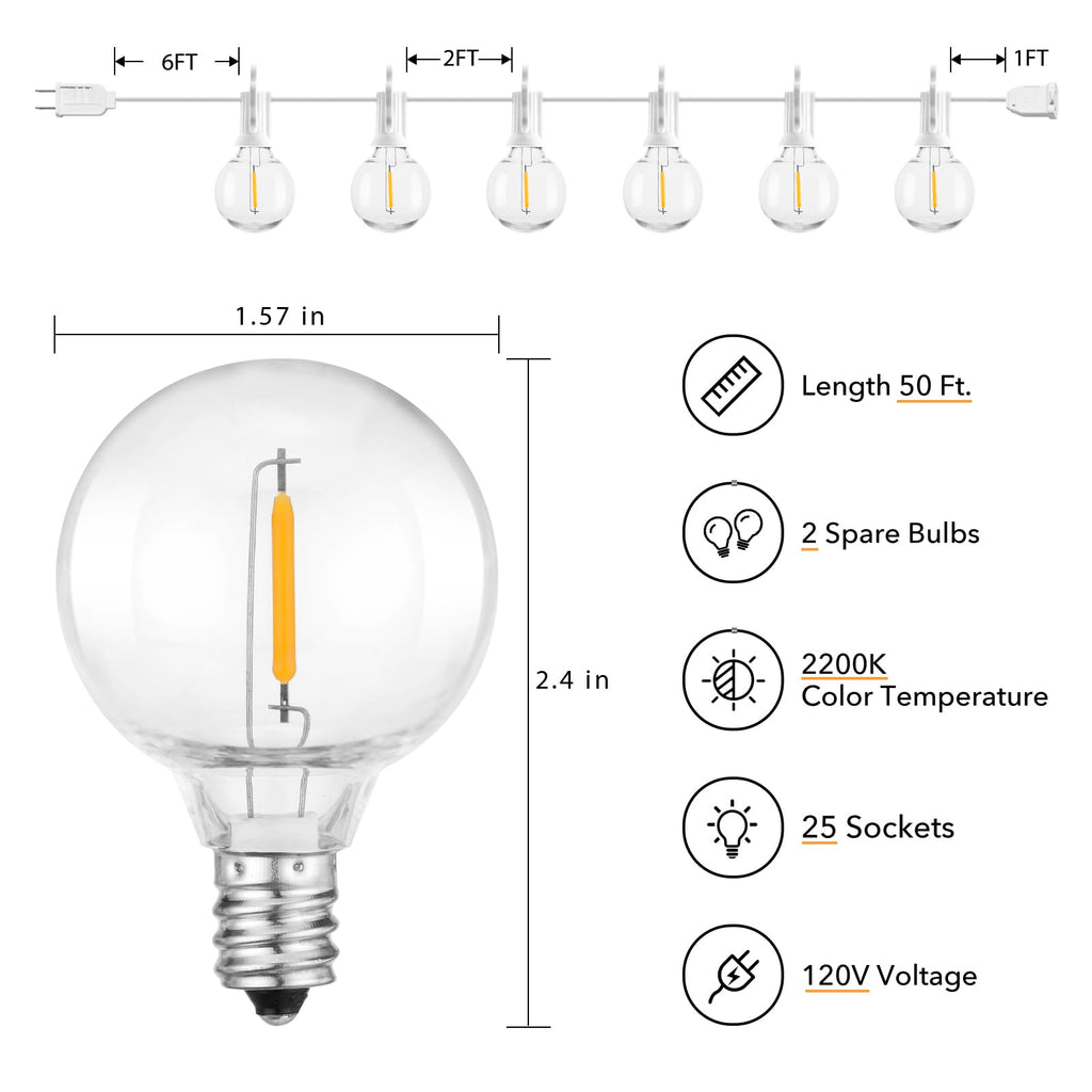 50FT Outdoor String Lights G40 – 25 Shatterproof Bulbs, IP65 Waterproof, Dimmable LED for Patio & Backyard