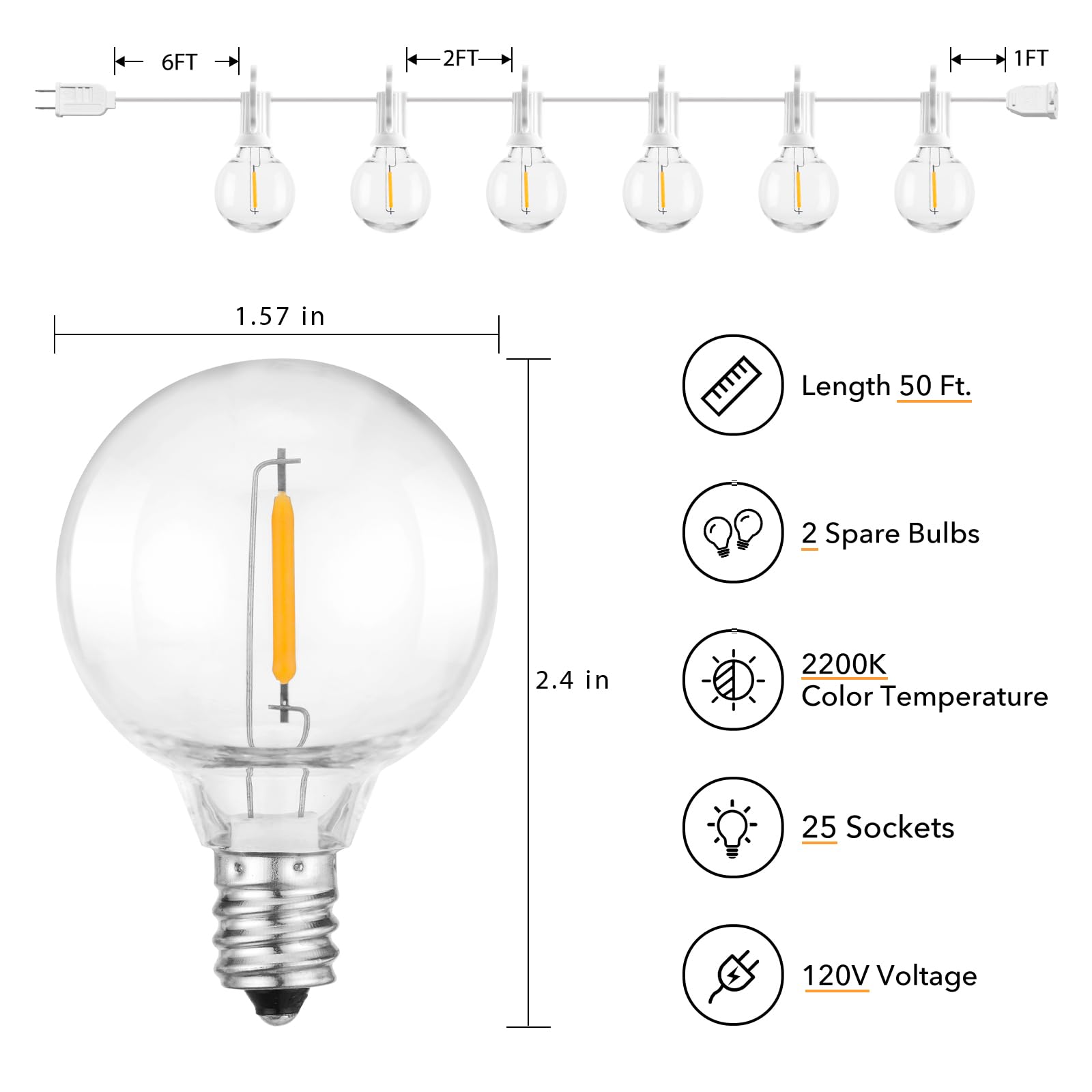 50FT Outdoor String Lights G40 – 25 Shatterproof Bulbs, IP65 Waterproof, Dimmable LED for Patio & Backyard