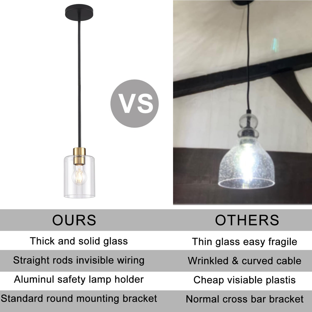 Black Brass Clear Glass Pendant Light Fixture Duo for Kitchen Decor