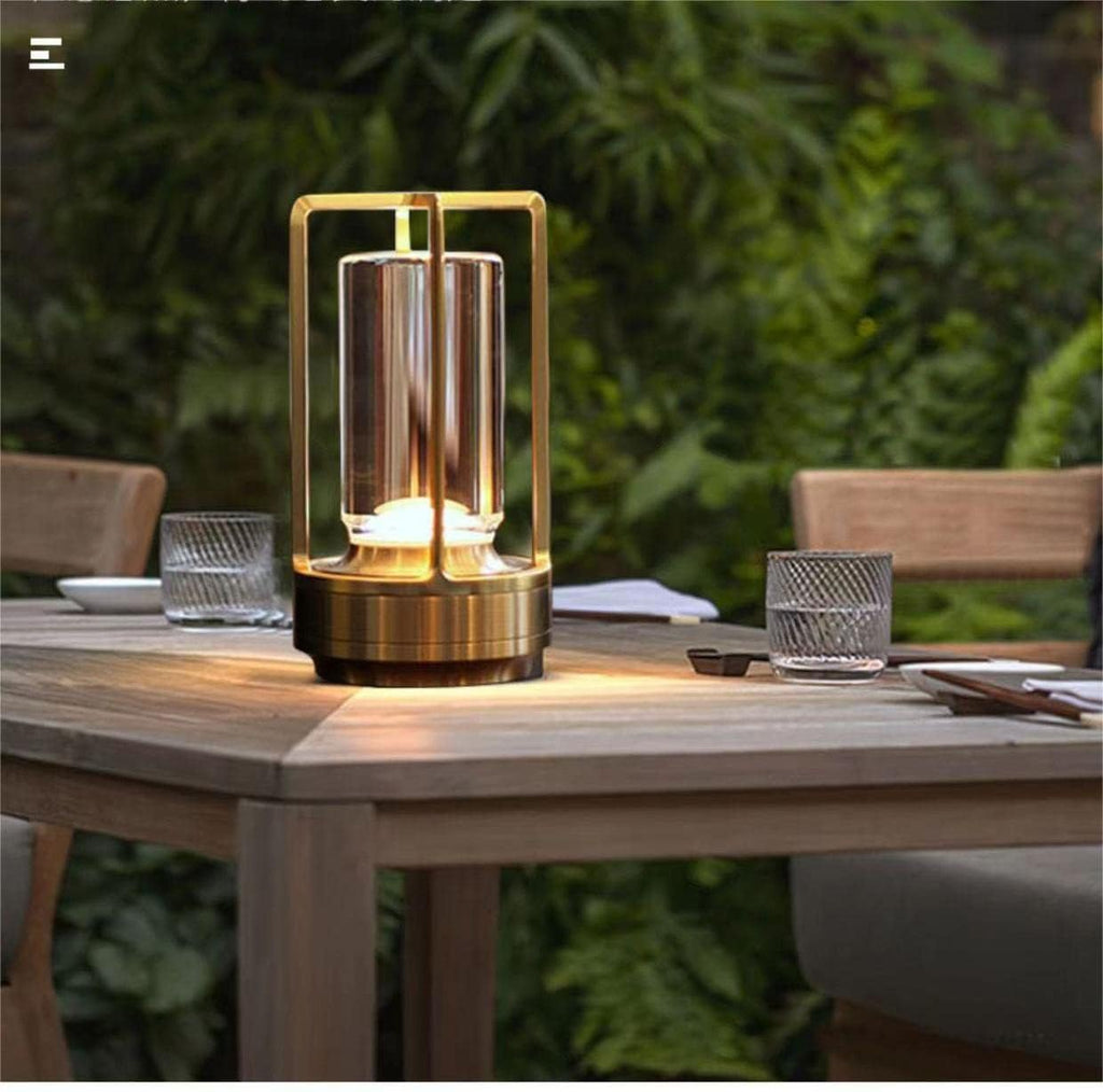 Portable rechargeable metal table lamp for indoor outdoor use, gold