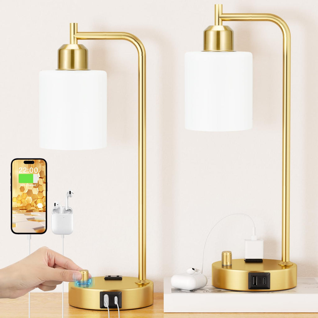 Dimmable industrial table lamp set with USB ports, gold finish, 2-pack