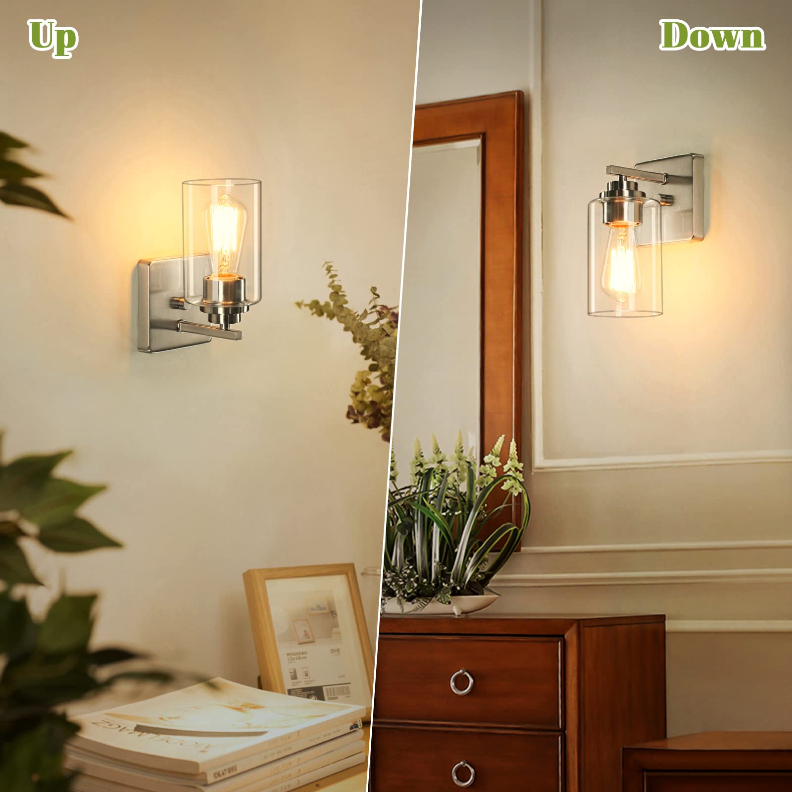 Set of 2 brushed nickel farmhouse wall sconces with glass shade decor
