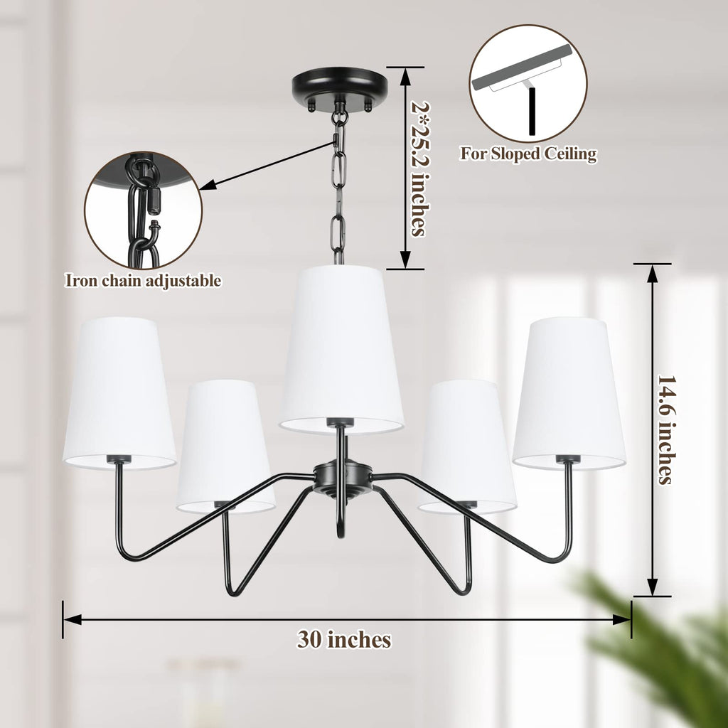 5-Light Chandelier with White Shades, Classic Fixture for Decor
