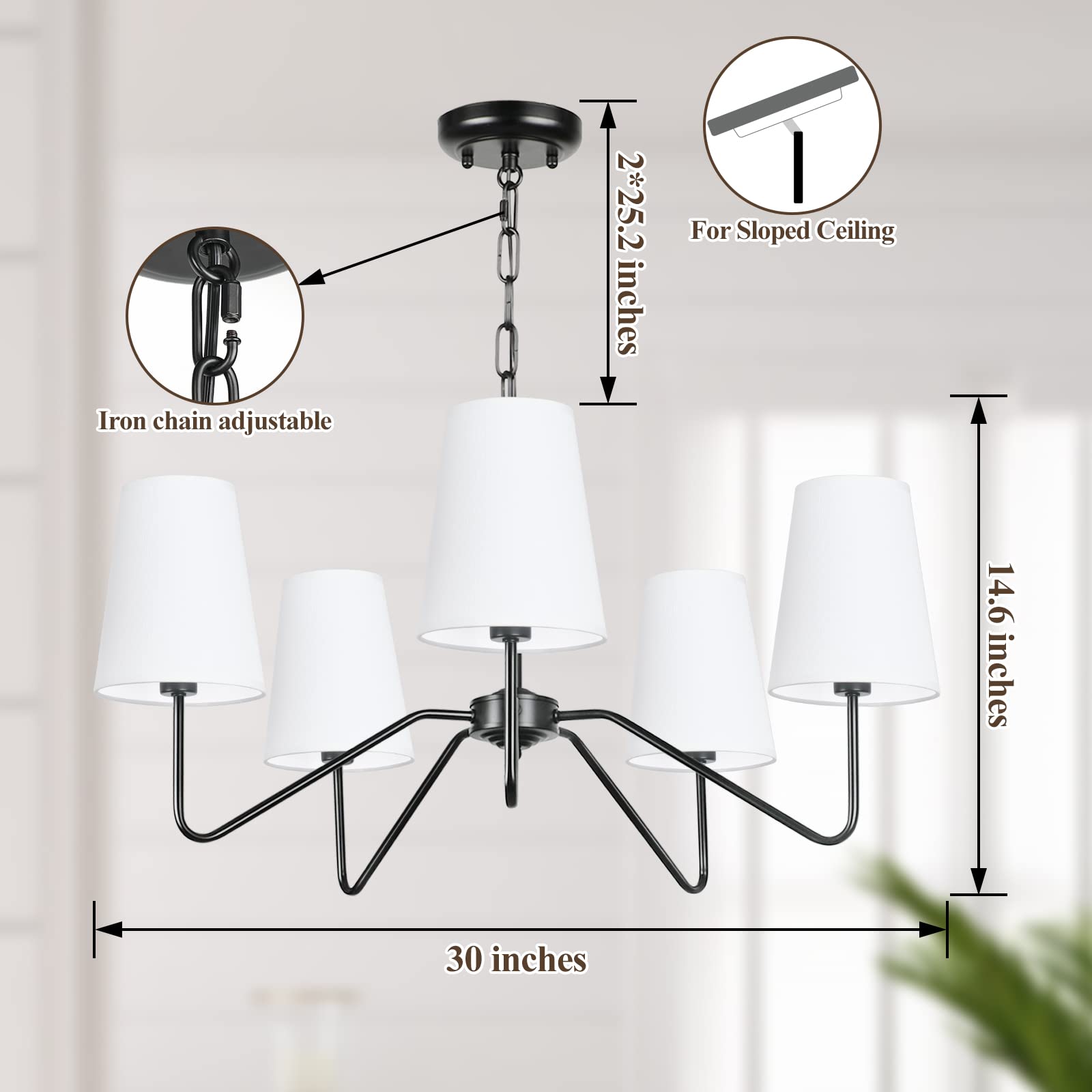 5-Light Chandelier with White Shades, Classic Fixture for Decor