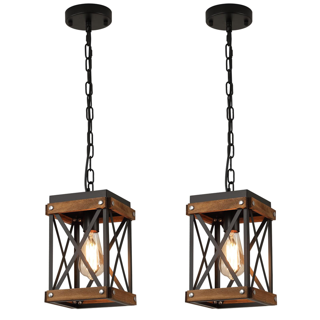 2-Pack Oak Wood Lantern Cage Pendant Lights for Farmhouse Decor