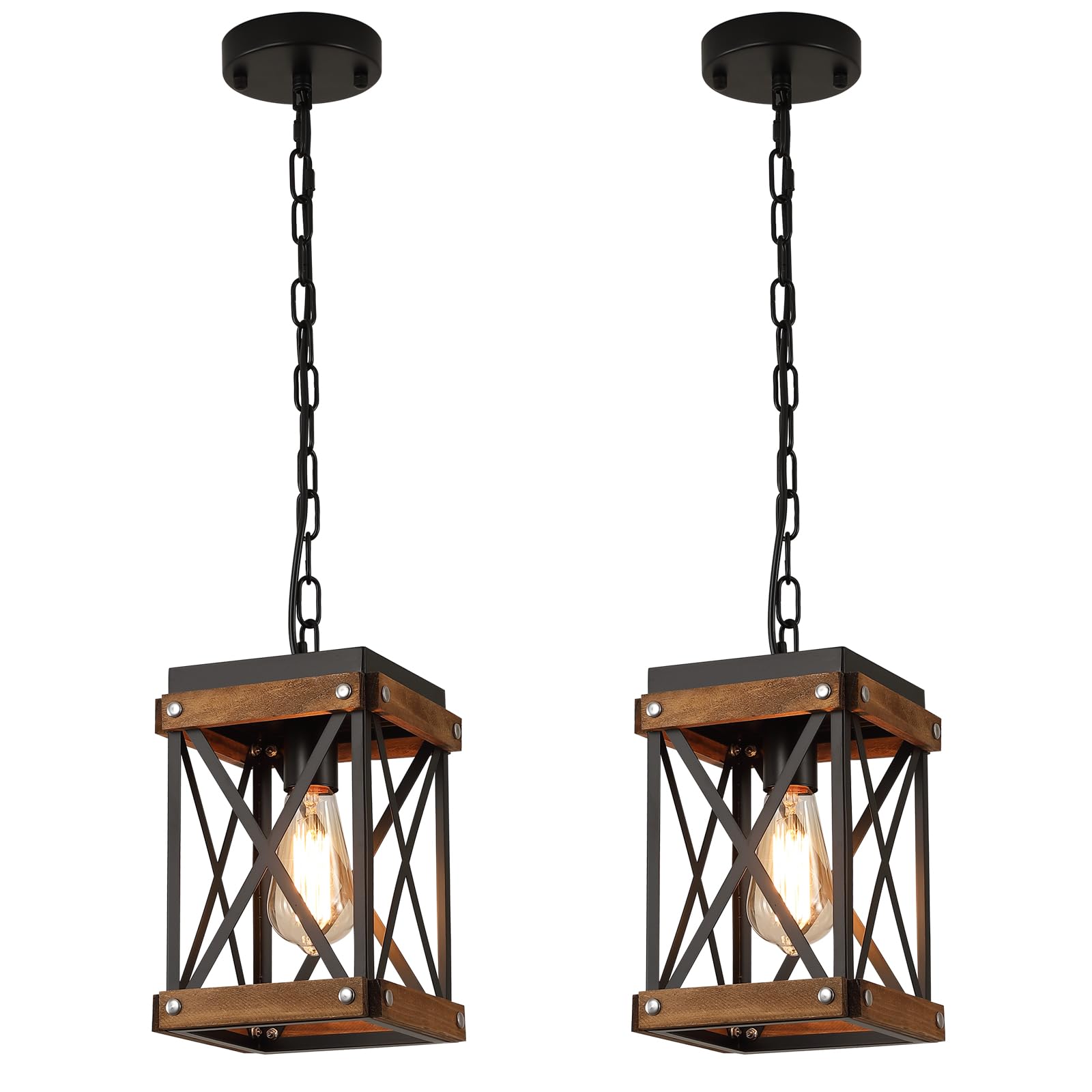 2-Pack Oak Wood Lantern Cage Pendant Lights for Farmhouse Decor
