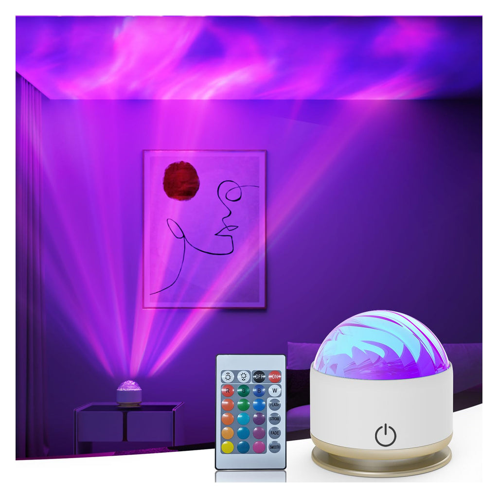 Battery-operated aurora night light projector with 16-color ocean wave effect