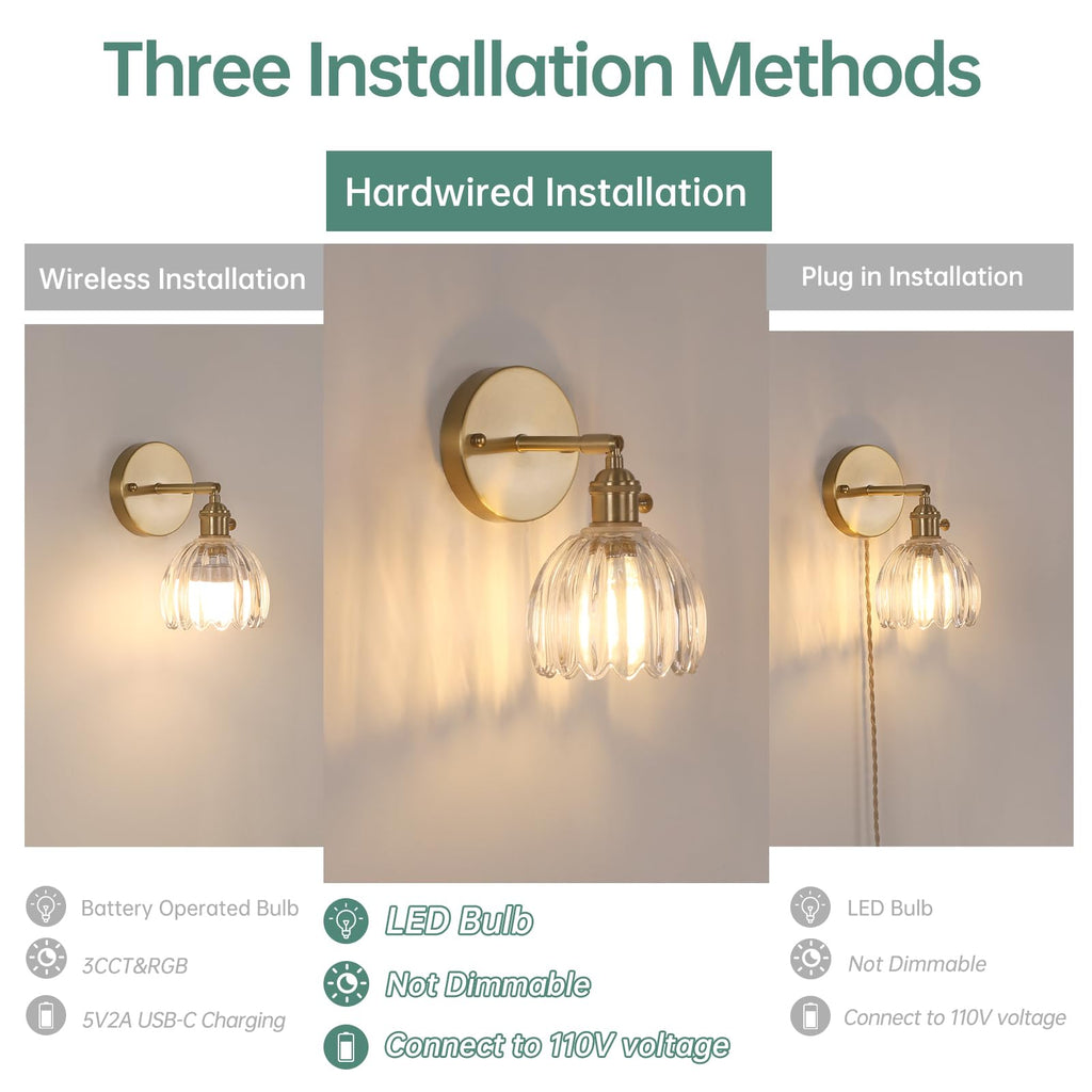 Adjustable brass wall sconce with tulip glass shade for home decor