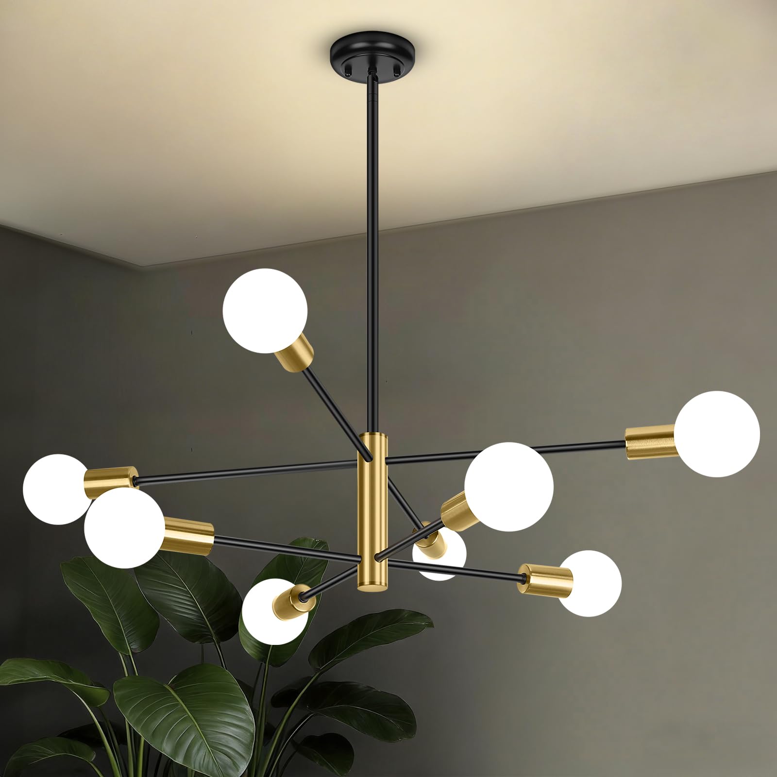 8-light black & gold Sputnik chandelier, height-adjustable decor