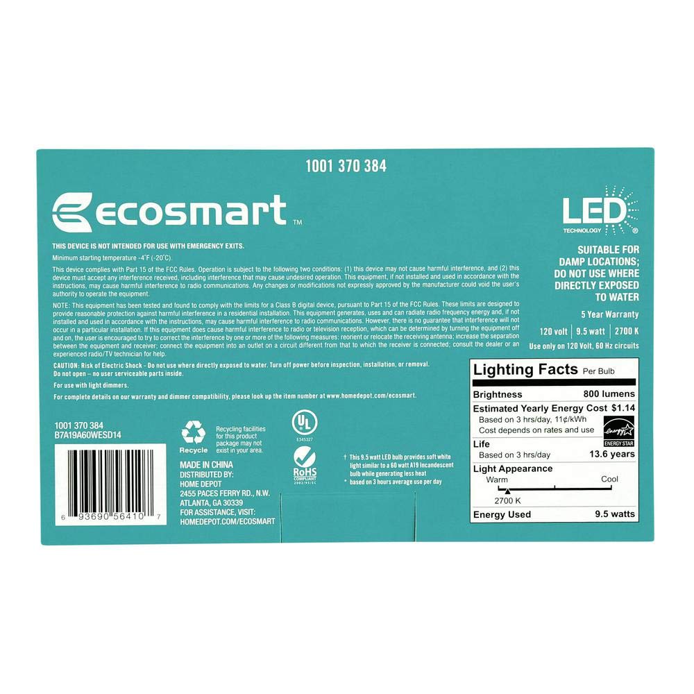 4-Pack A19 LED Light Bulbs Dimmable – 60W Equivalent, Soft White, Energy Star Certified for Home & Office