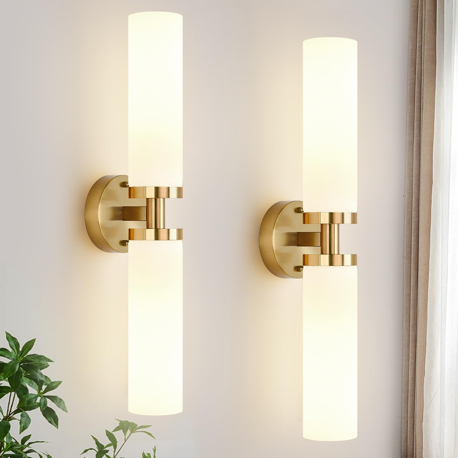 Set of 2 hardwired brushed gold wall sconces with milky glass decor