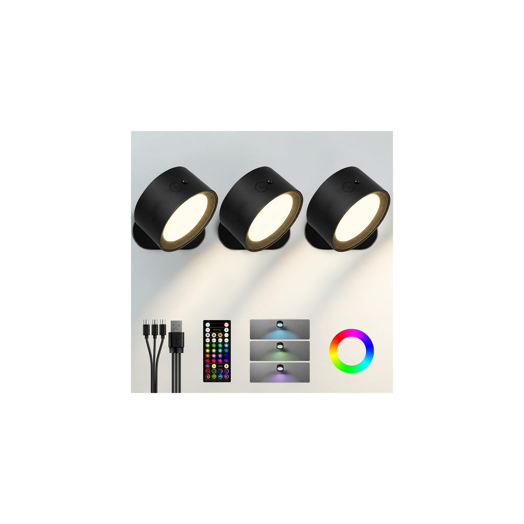 Rechargeable RGB wall sconces, set of 3, dimmable home decor lighting