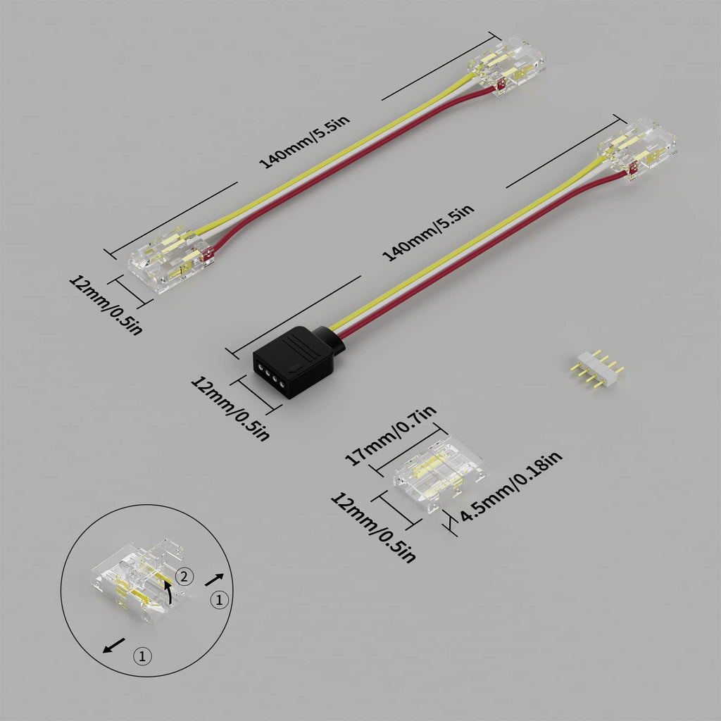 PAUTIX 10-Piece 10mm COB LED Strip Connectors – 3 Pin Solderless, Dual End Extensions, DC Plug Wires for CCT Tunable Strip Lights