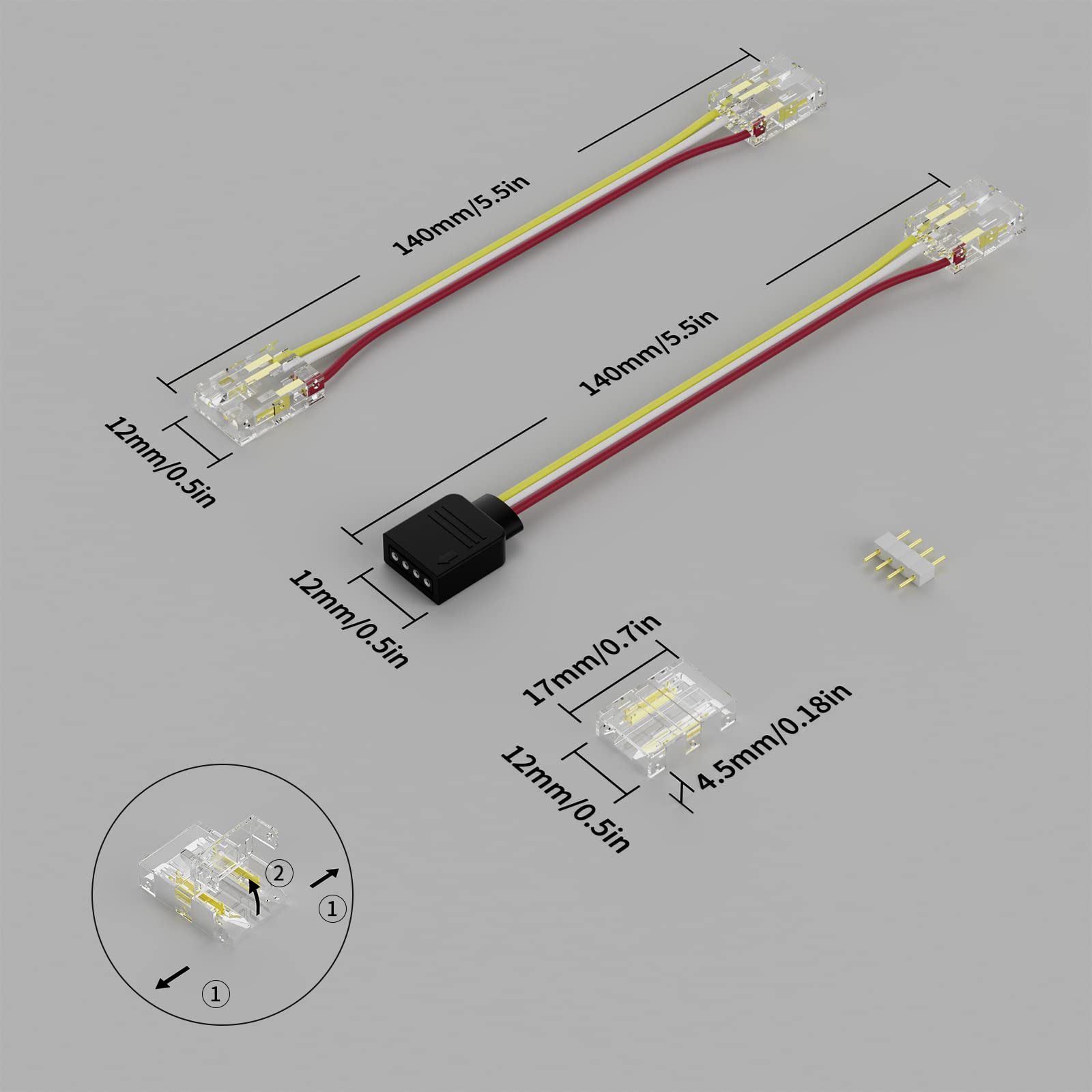 PAUTIX 10-Piece 10mm COB LED Strip Connectors – 3 Pin Solderless, Dual End Extensions, DC Plug Wires for CCT Tunable Strip Lights