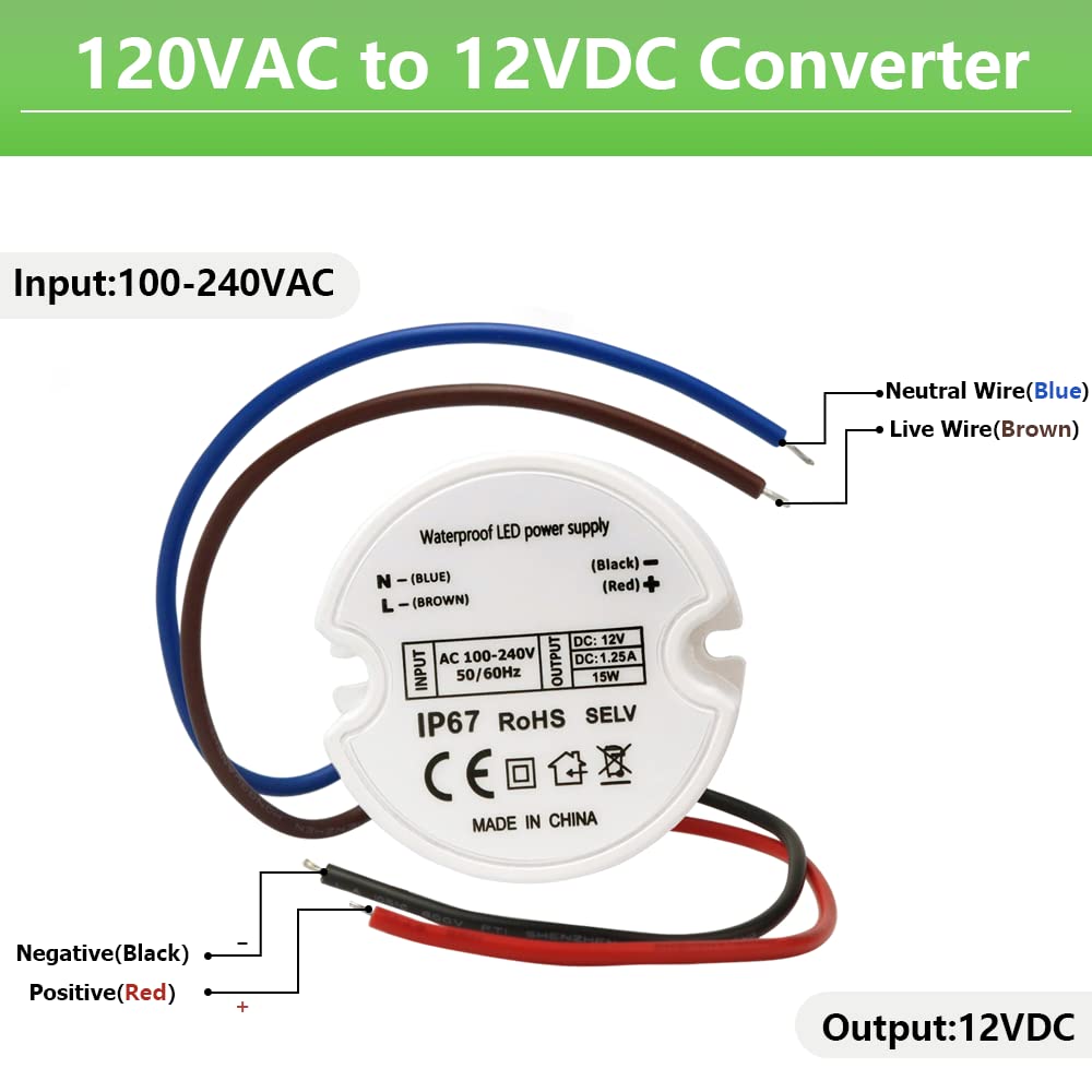 15W 12V LED Power Supply Driver – IP67 Waterproof, Constant Voltage, 120VAC to 12VDC for Strip Lights & MR11 MR16 Bulbs