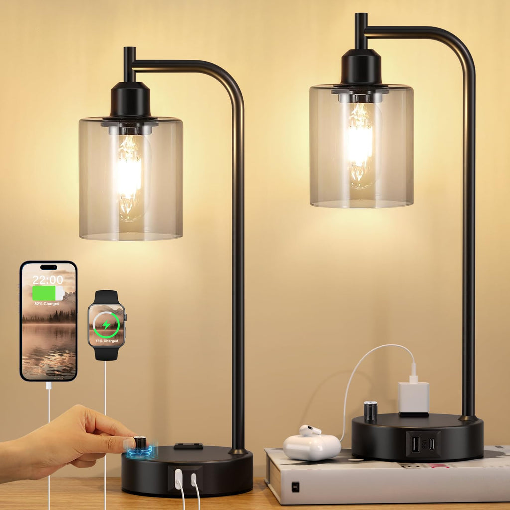 Industrial desk lamp set of 2 with USB ports and glass shade