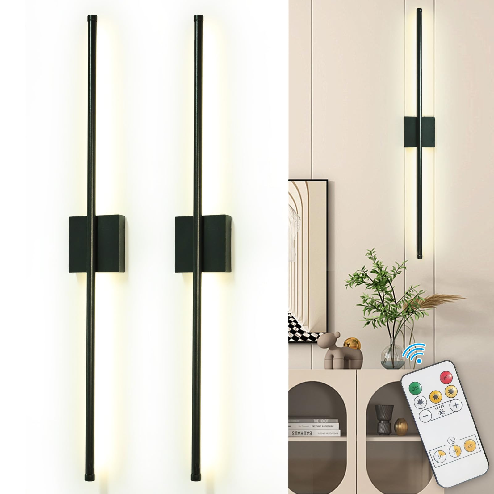 Set of 2 rechargeable wireless wall sconces, 15 colors for home decor