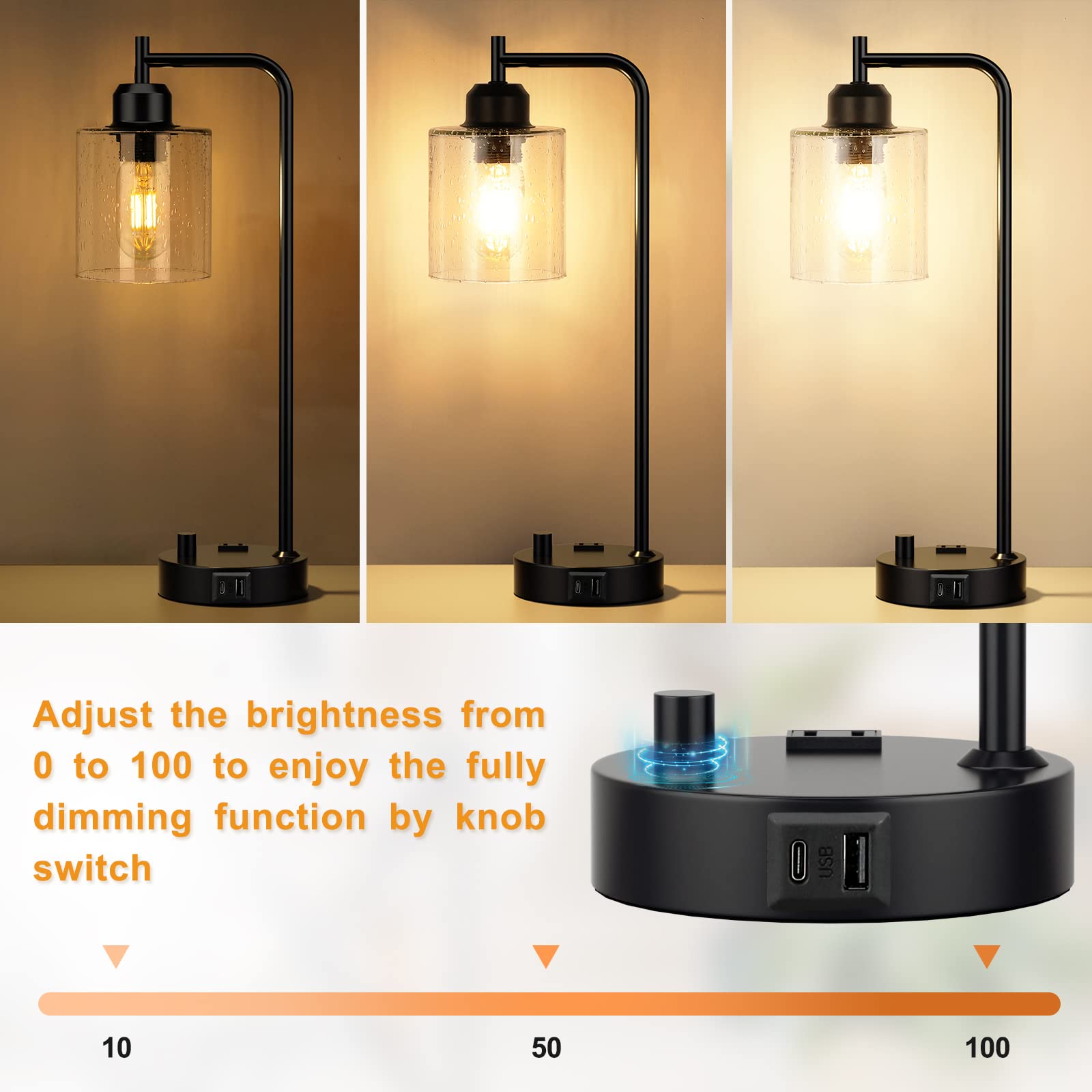 Industrial nightstand table lamp with USB-C charging port