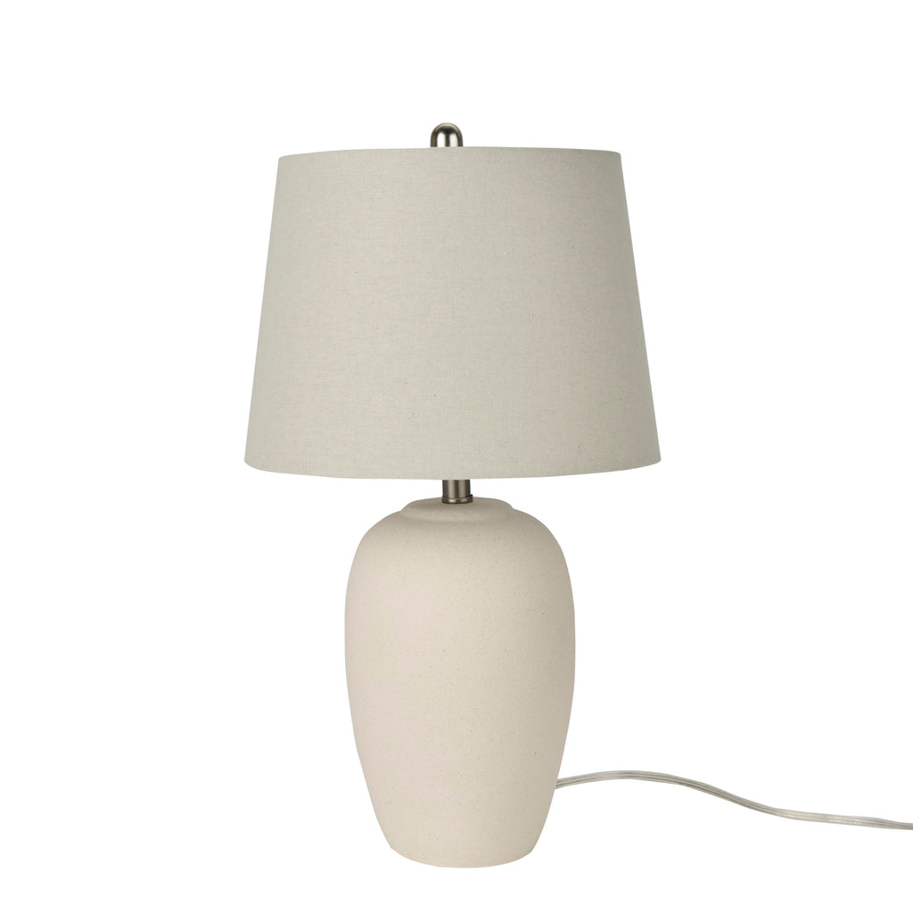 Ceramic jar table lamp with off-white shade for bedroom
