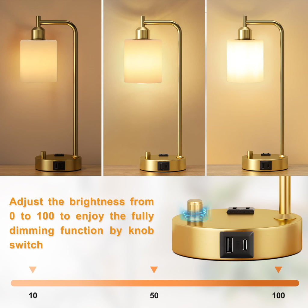 Dimmable industrial table lamp set with USB ports, gold finish, 2-pack