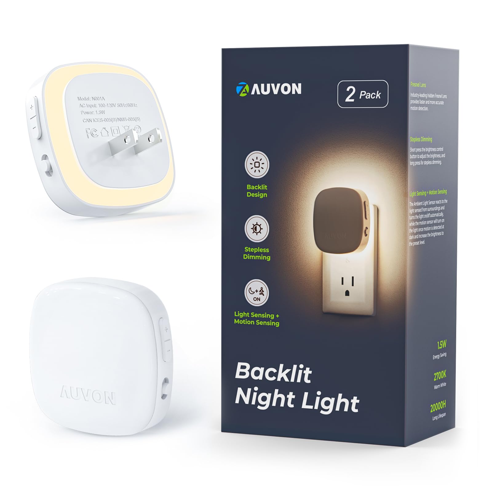 Plug-In LED Night Light with Motion & Dusk-to-Dawn Sensor, 2-Pack