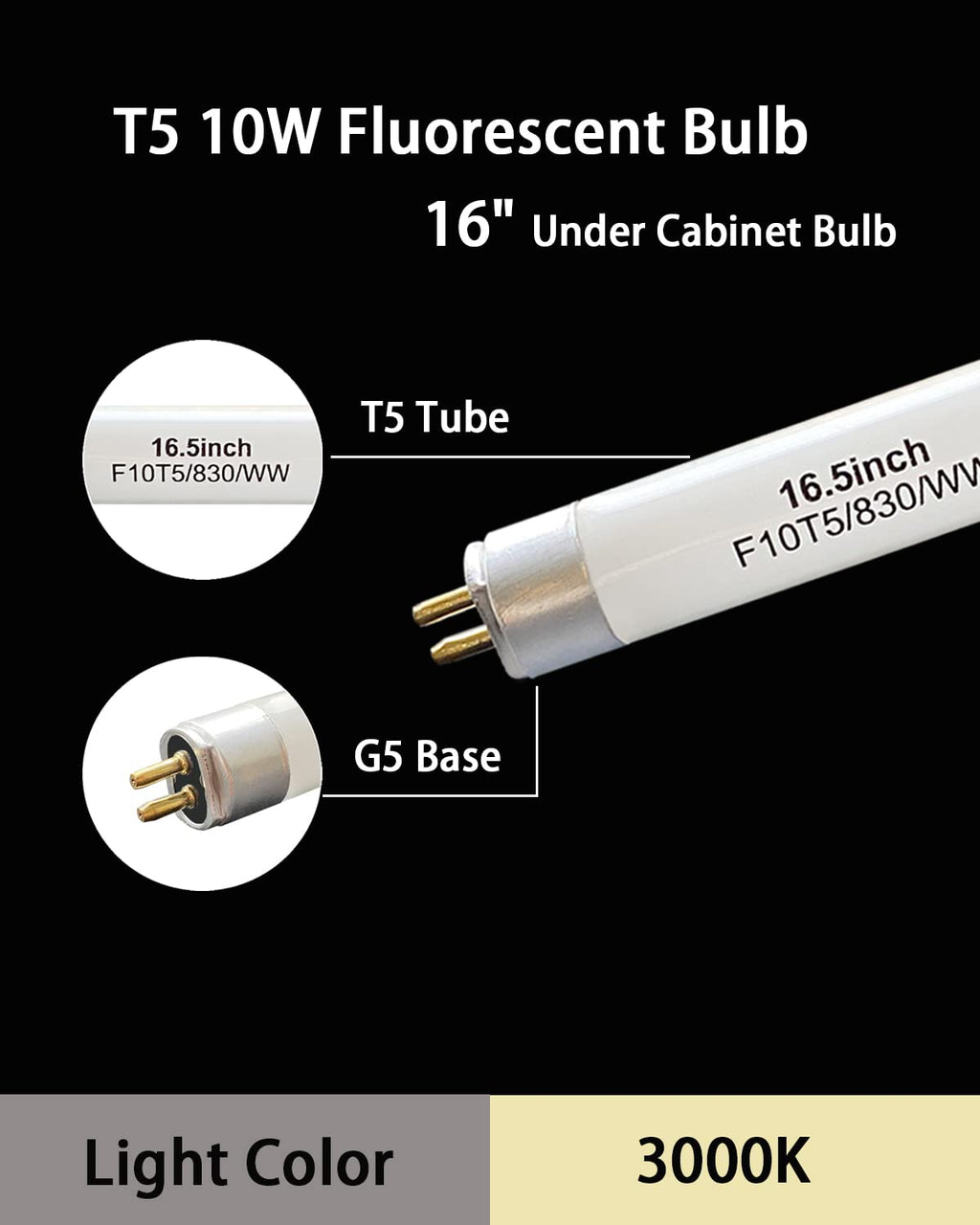 3-Pack F10T5 Fluorescent Light Bulbs 16" – 10W, 3000K Warm White, G5 Bipin Base for Jasco & Philips Linear Fixtures