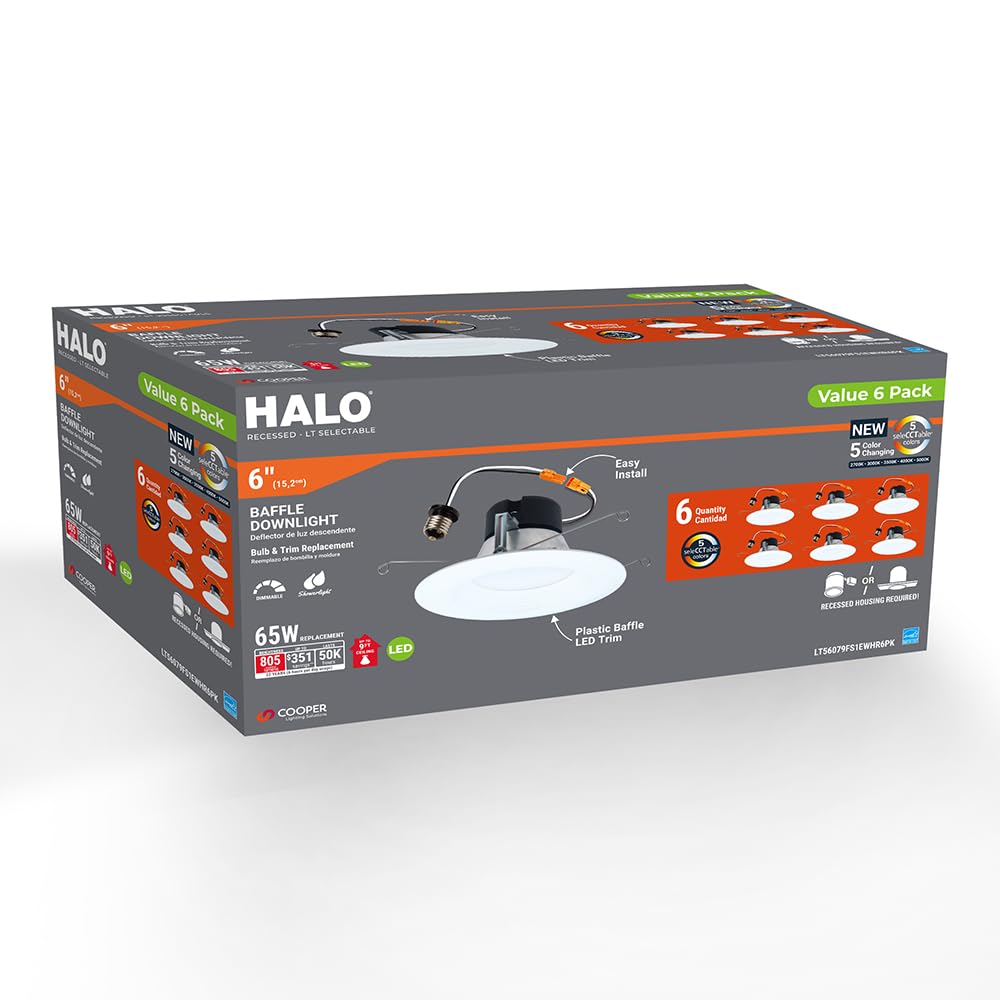 6-Pack LED Recessed Light Trim 5/6 Inch – Dimmable, 750LM, 5 Color Temperatures, HALO Baffle for Ceiling Can Lights