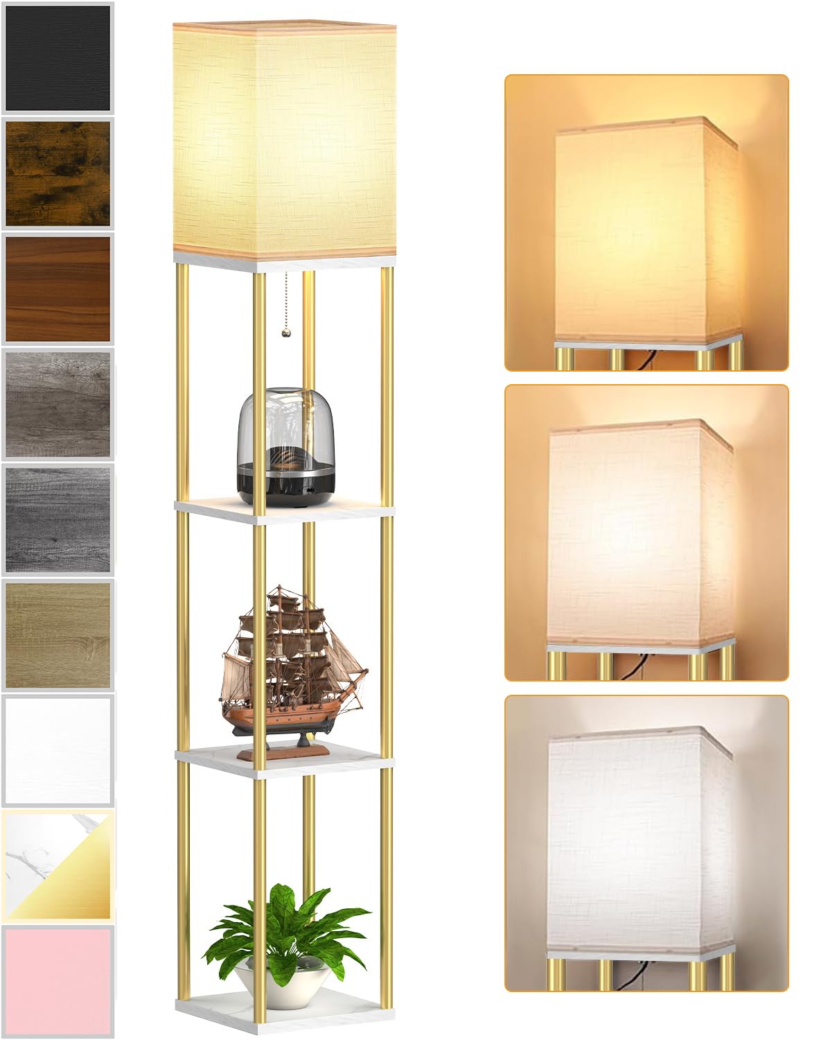 Corner floor lamp with shelves and linen shade for living room
