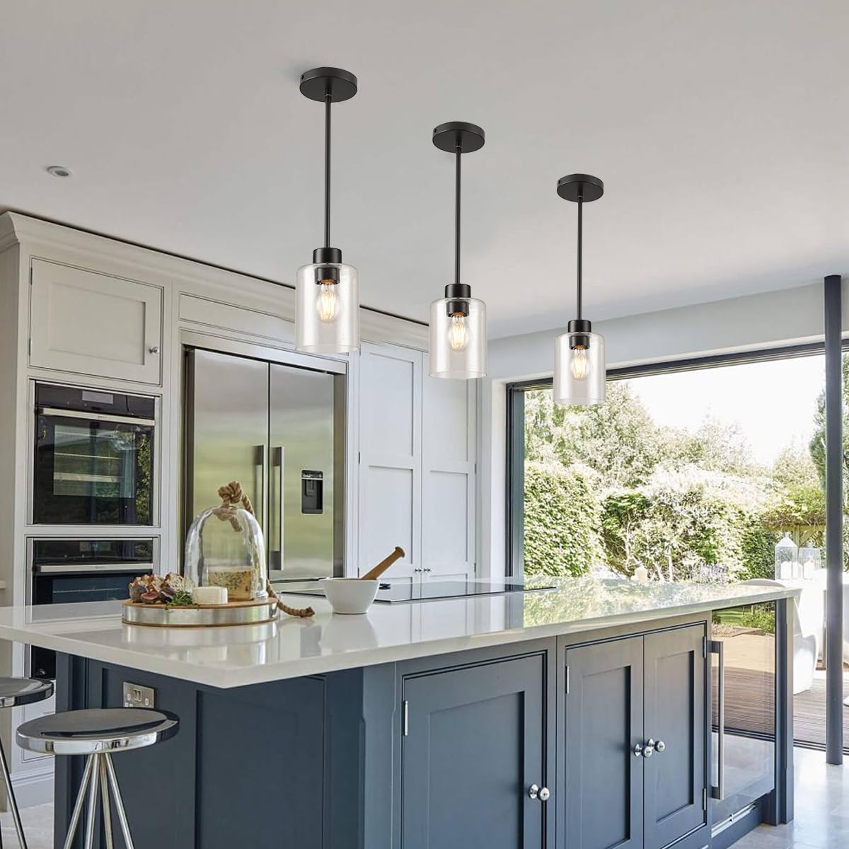 3-pack black seeded glass pendant lights for kitchen island decor