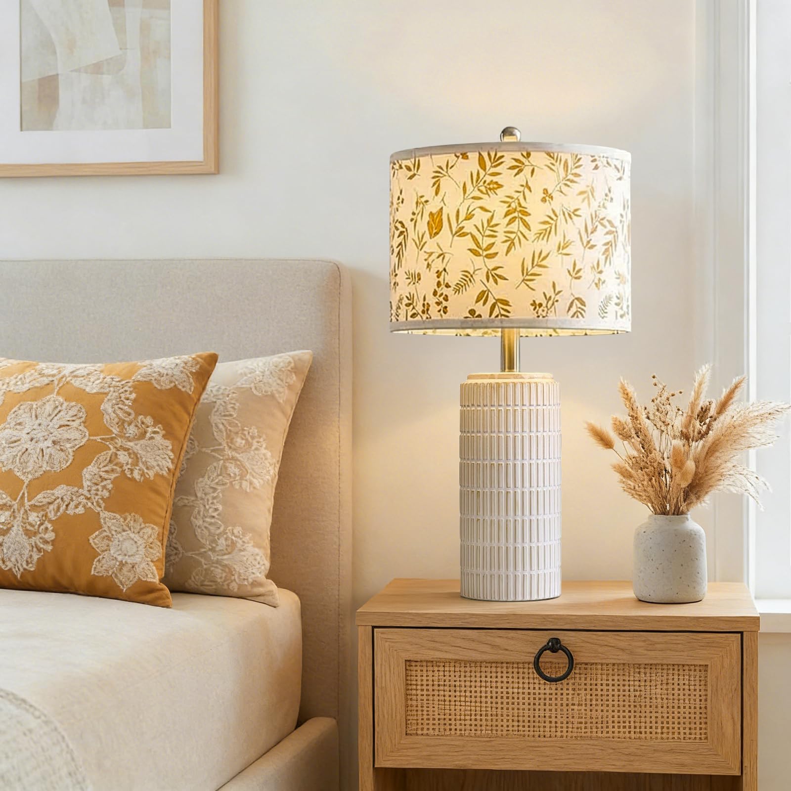 Ceramic table lamp with dried flower design for bedroom